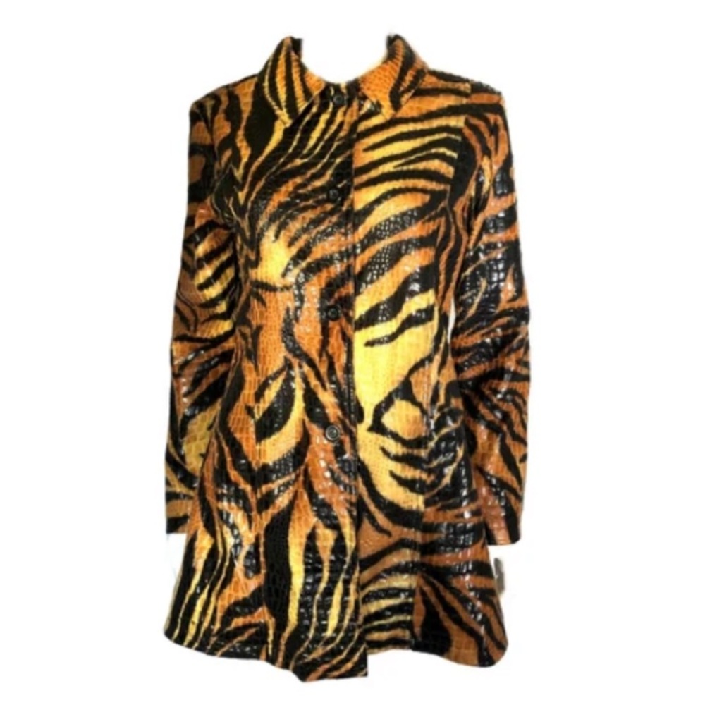 Embossed Tiger Print Coat, Animal Print Faux Leather Coat